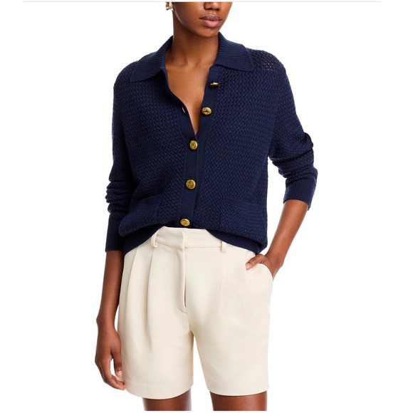 Rag Bone Jax Cardigan Sweater Navy Basketweave Knit Spread Collar Gold Button XL
